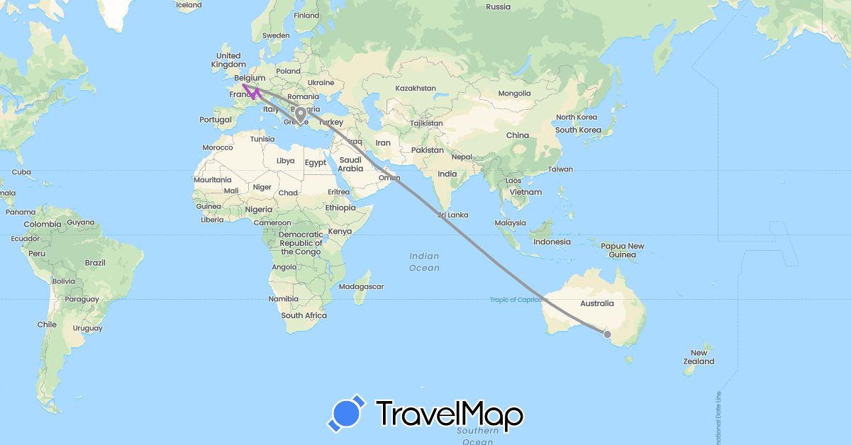 TravelMap itinerary: driving, plane, train in Australia, Switzerland, France, Greece, Italy, Qatar (Asia, Europe, Oceania)